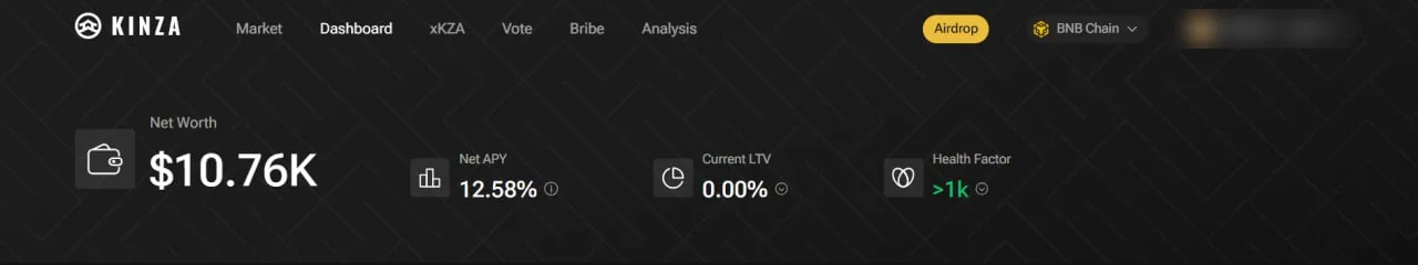 Kinza dashboard on BNB Chain for a client wallet managed by Prashant: $10.76K net worth, 12.58% net APY