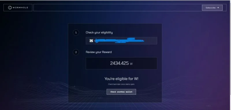 Wormhole airdrop checker showing 2,434.425 W eligible for a client wallet